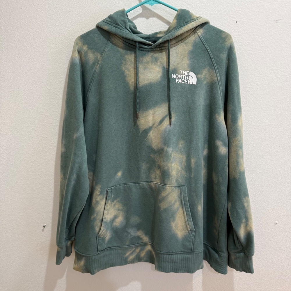 The North Face Womens XL Bleach Dye Hoodie Sage Green Graphic Pullover